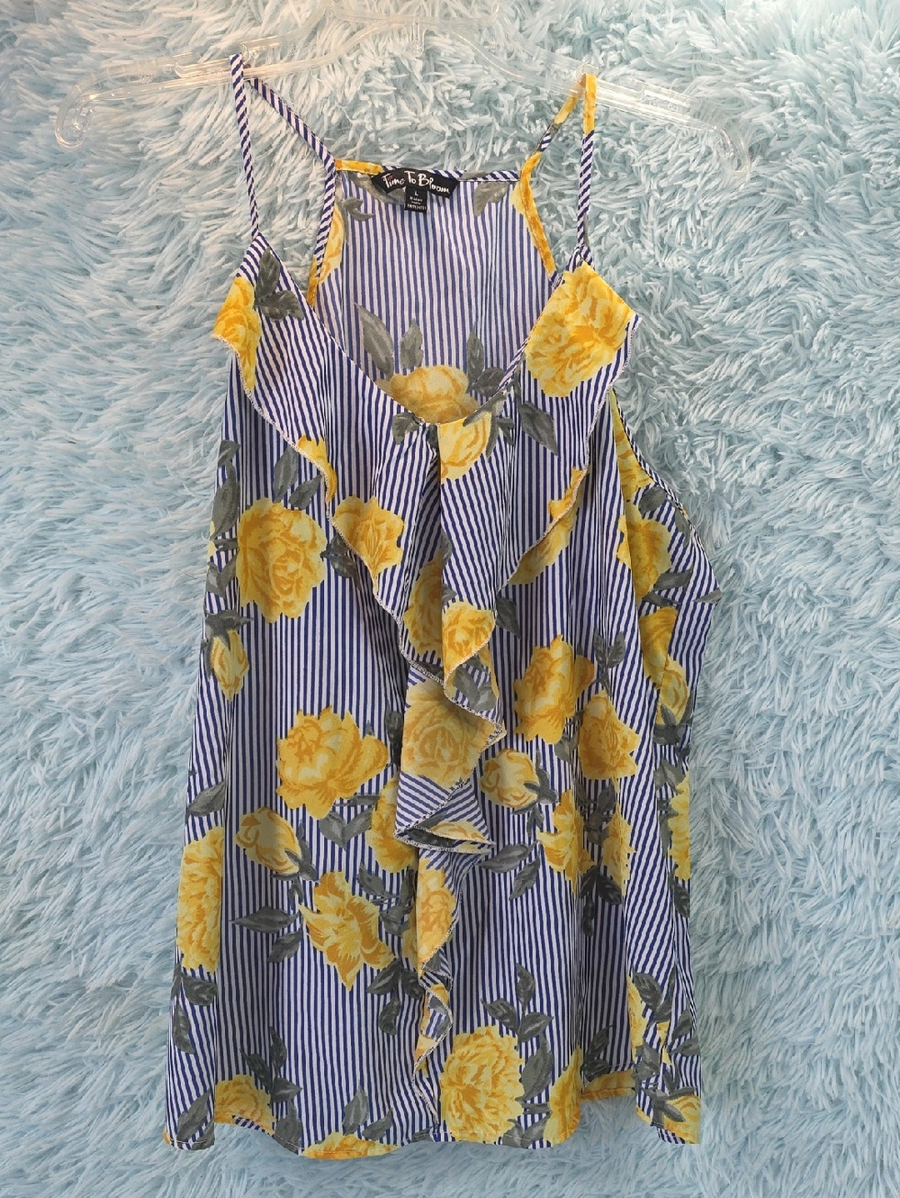 Time To Bloom Yellow Rose Pinstripe Ruffle Halter Tank Top Blouse Large